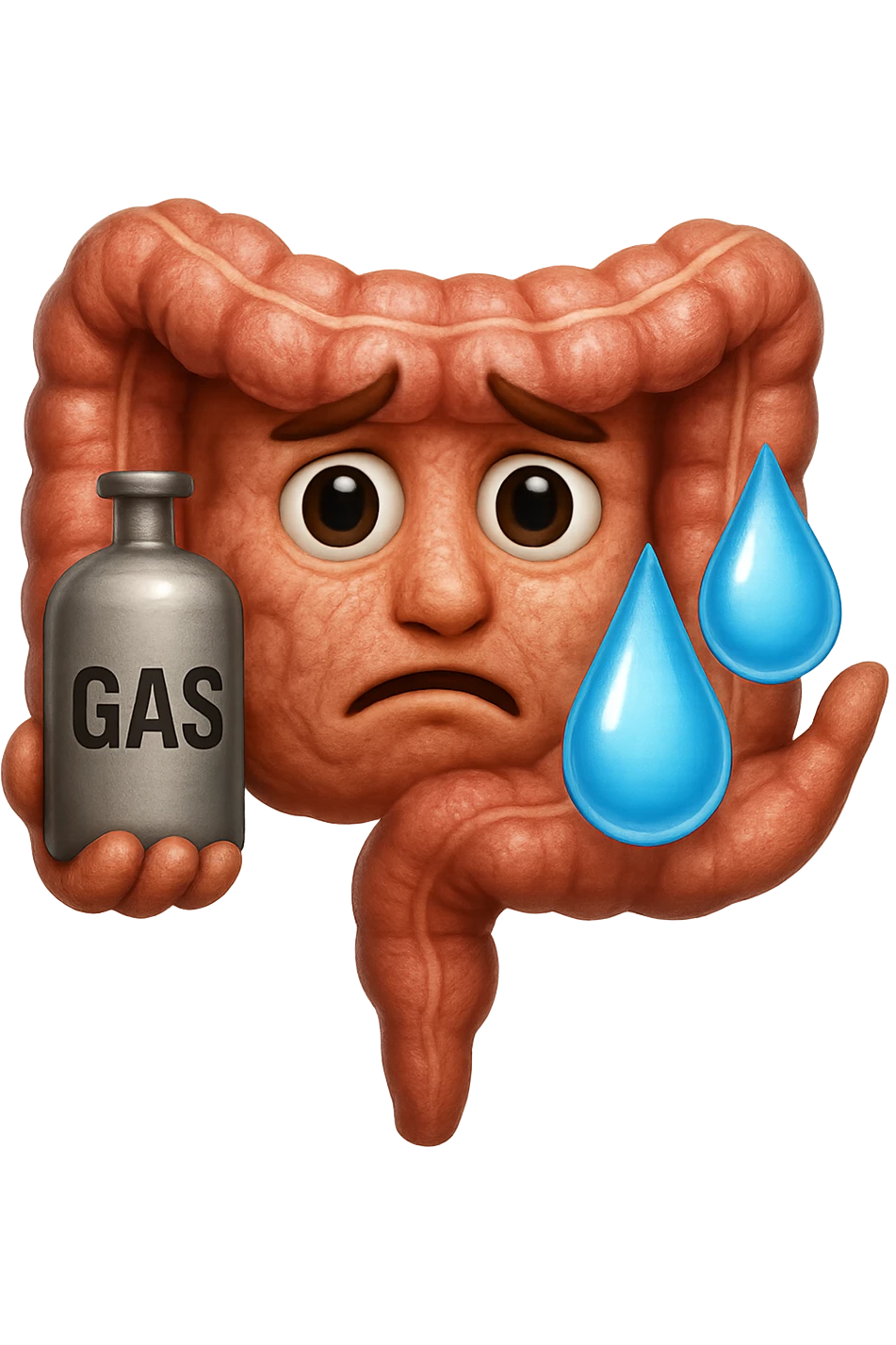 EMOJI STILE IPHONE DI un'intestino preoccupato che ha una bombola di gas con la scritta "GAS" SOPRA in mano e due gocce di acqua in 3d nell'altra mano, IPERREALISTICO 4K emoji