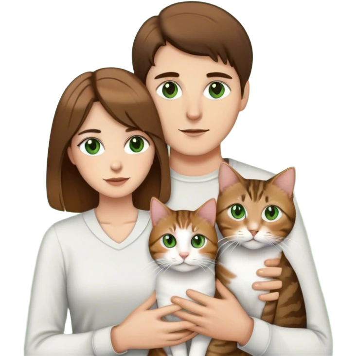 white couple with brown hair, man has short hair and brown eyes. woman has long hair and green eyes .they’re holding a tabby cat  emoji