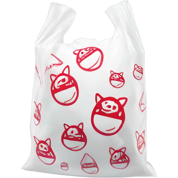 White plastic  bag thank you written on it in red on it repeated 3 times  emoji