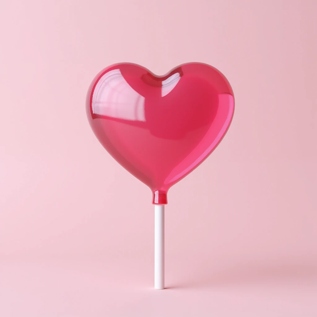 realistic heart-shaped pink lollipop, photorealistic style, glossy surface emoji