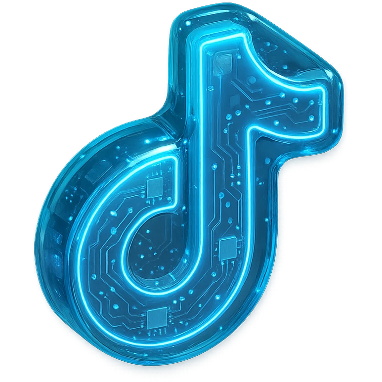 Glossy circuit-themed TikTok icon with blue glowing accents, transparent background emoji