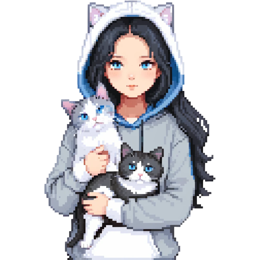 Girl with black hair in gray hoodie with a British shorthair blue and white cat and a long-haired blue and white cat emoji