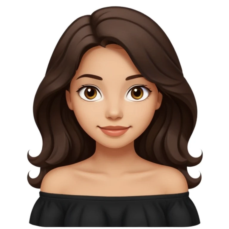 modern clean emoji of a young woman with medium skin tone, long wavy dark brown hair, wearing a black off-shoulder top, soft smile, expressive eyes, sleek warm charming style, relaxed confident personality, subtle light neutral background emoji
