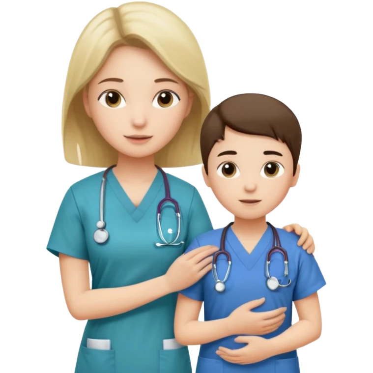 A young medic (woman) attending to a child patient at the local hospital emoji