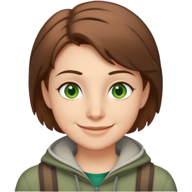 Rudeus Greyrat smiling warmly, green eyes, short brown hair, wearing travel clothes, friendly and kind expression emoji