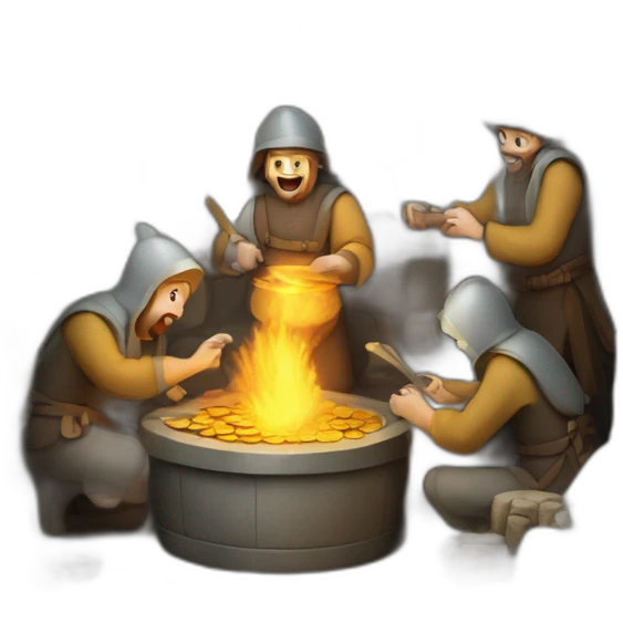 inside of a medieval mint showing different people working creating coins with a furnace emoji