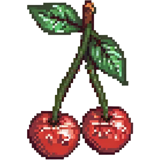 Pixel art of two red cherries with green stem emoji