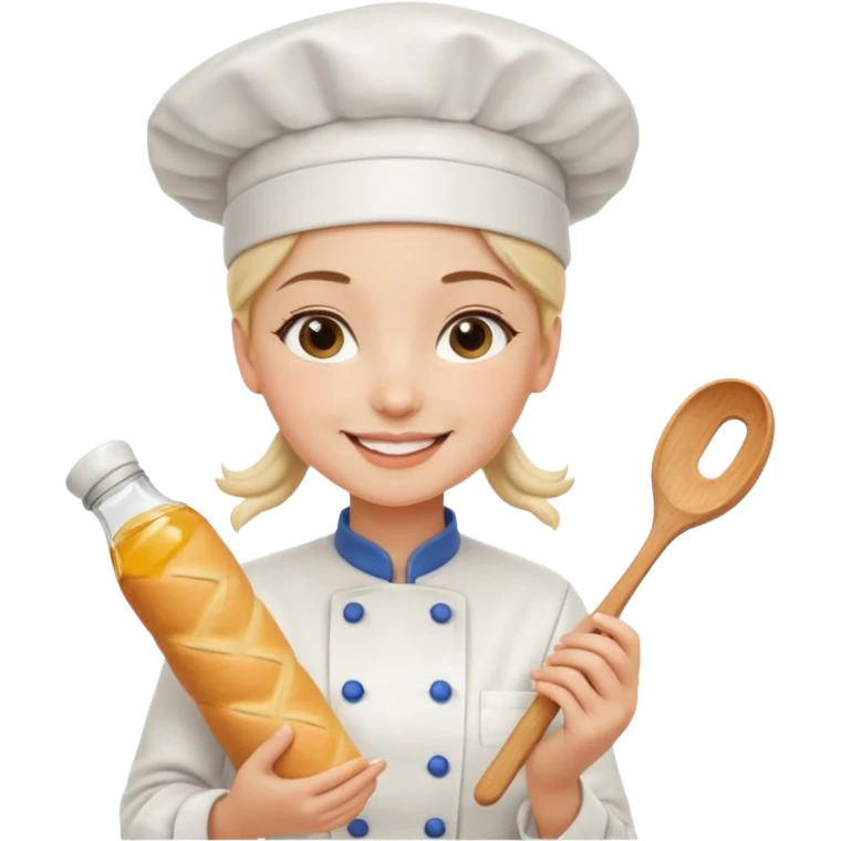 Young female baker - white chef hat, holding cream piping bag to milk oil on bread emoji
