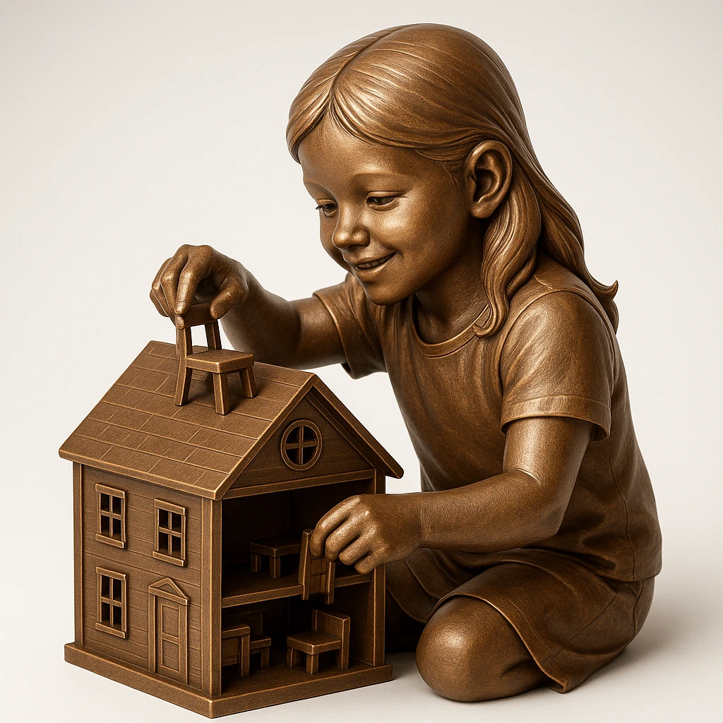 smiling girl arranging furniture in doll house emoji