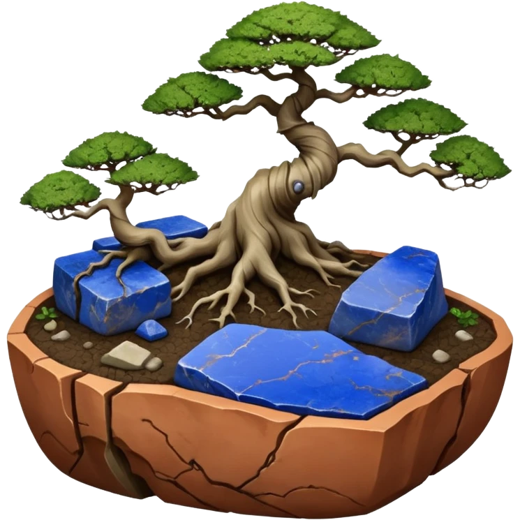 Aged bonsai two toned lapis blue terracotta Roots Stoneware akadama moss on soil irregular angular Stone Age rocks cracked crags and broken rough edges forming a very short shallow flat Yixing forest pot emoji