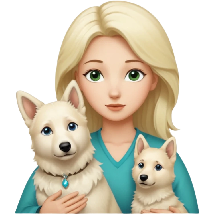 A white blonde Hair Woman with blue Green eyes with a White Shepard with a little bit beige in the fur in a lovely pose  emoji