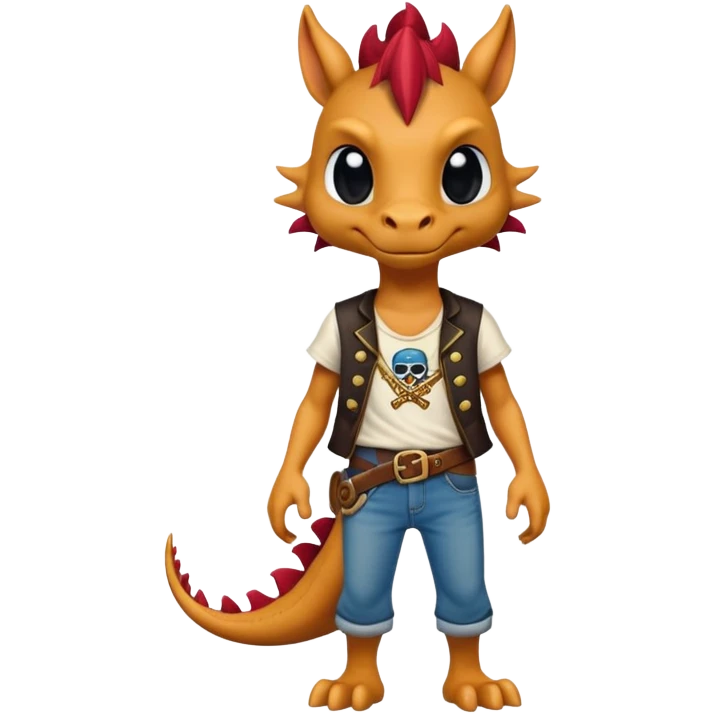 friendly anthropomorphised dragon in a band t-shirt and jeans wearing a pirate eye-patch walking upright emoji