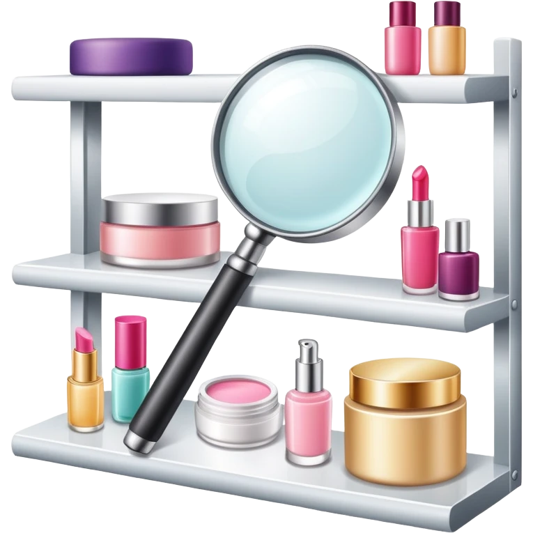 magnifying glass over beauty product shelf, searching for last item emoji