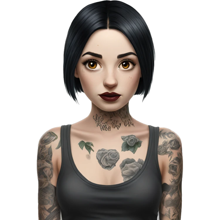 Hyperrealistic Pale girl with black hair arm tattoos emoji