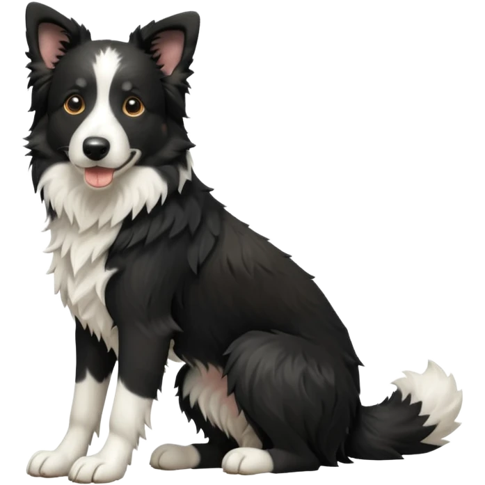 cinematic-[border collie dog]-realistic-full-body-sitting-emoji,-tail-resting-loosely-beside-its-paws,-head-tilted-dramatically,-scruffy-[black and white]-fur,-simplified-yet-realistic-focused-features,-highly-detailed,-glowing-with-an-almost-sarcastic-glow emoji
