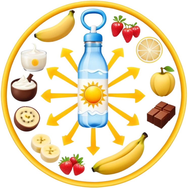 Magical daily routine wheel: water bottle, sun, chicken and rice, banana and shake, dumbbell, yogurt, chocolate and fruits, and moon symbol arranged in a wheel pattern with glowing connections between each element emoji