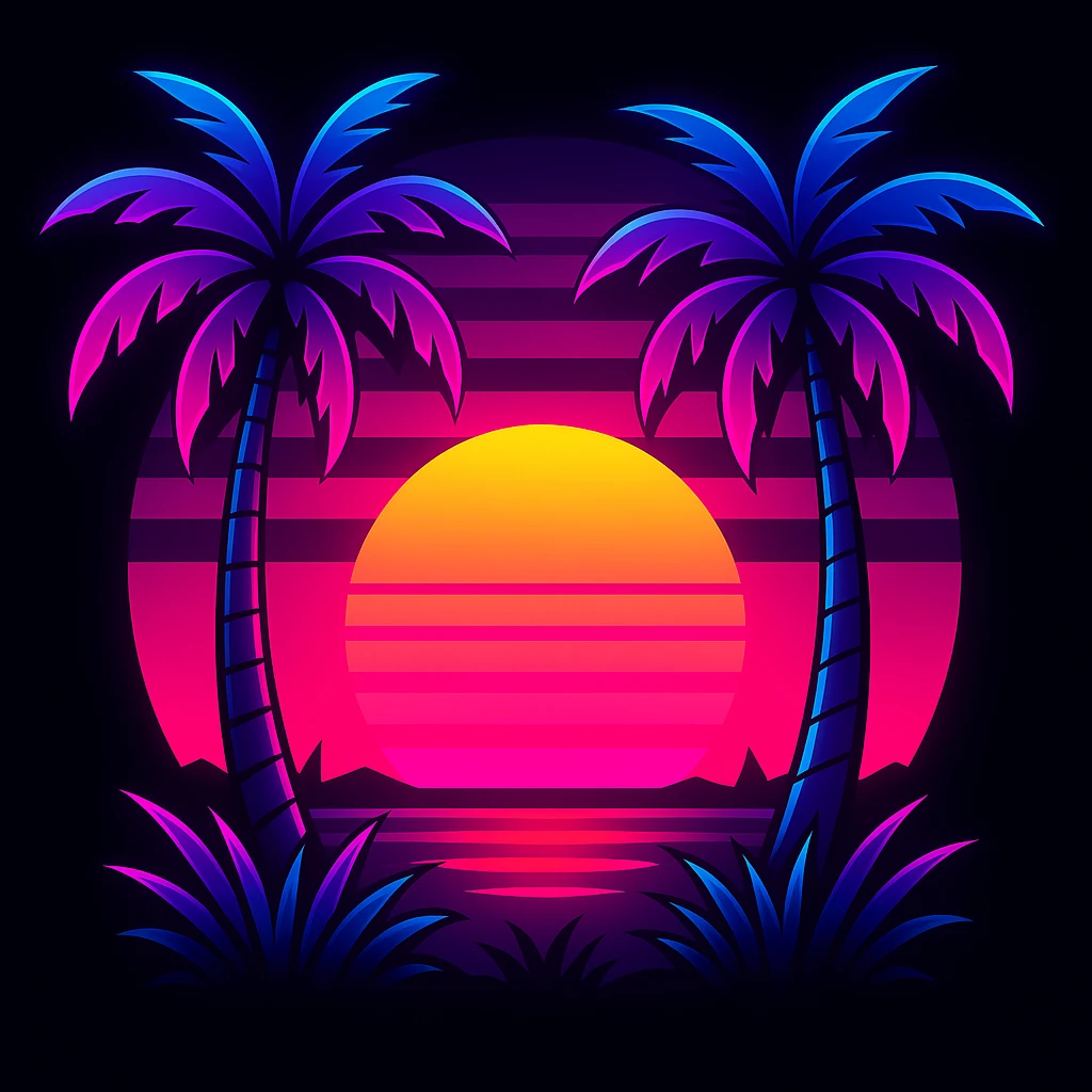 Generate more emojis in the same style: neon colors, palm trees, Miami sunset, GTA 6 inspired, vibrant and tropical, no text. emoji