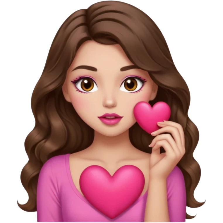 girl with long wavy brown hair, brown eyes, long lashes makeup, sexy pink lips, light to medium complexion, wearing a pink sexy top, sexy , puckering, blushing, kissing a heart sexy emoji