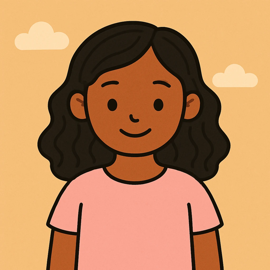 Make the black wavy hair arm length, keep the brown girl and cute light pink shirt, modern friendly illustration style emoji