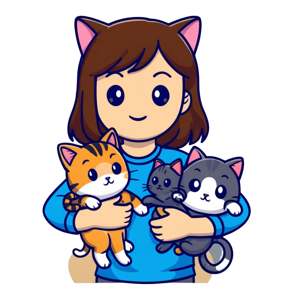 tan brown-haired girl holding two cats, one black cat and one grey-striped cat emoji