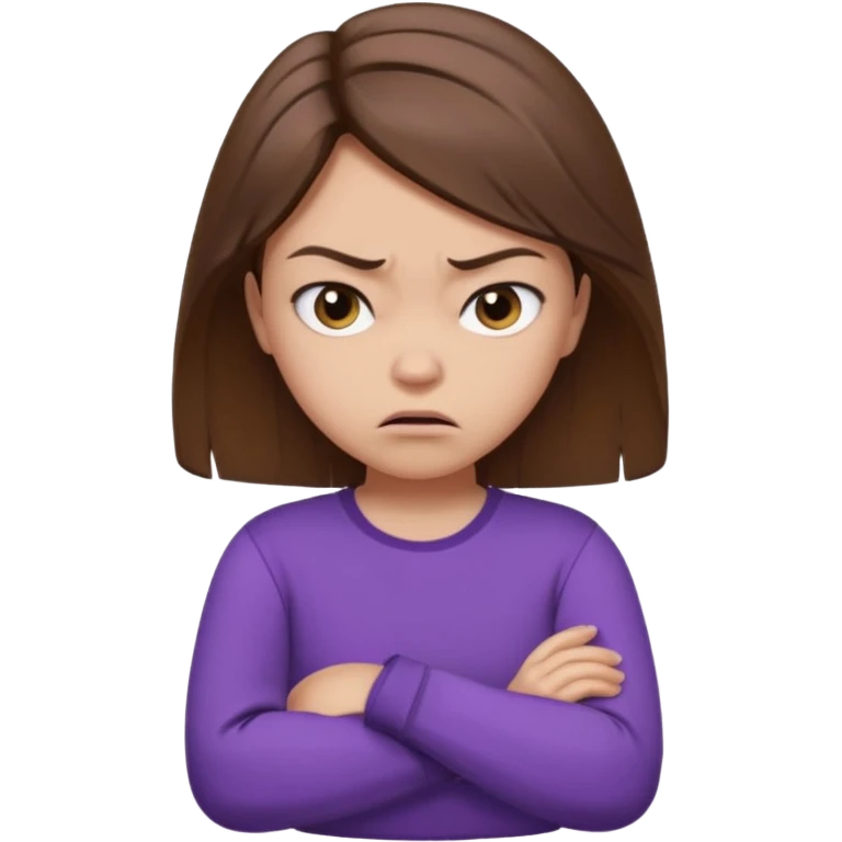 Angry Pouty girl with small squinted eyes folding arms in a purple longsleeve shirt she has fair skin and brown hair emoji
