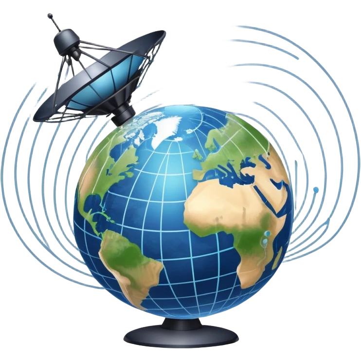 An icon featuring a satellite dish on planet Earth aimed at an orbiting satellite. The design includes signal waves, a globe with network lines, and data beams connecting devices, symbolizing global communication and data transfer. Transparent background emoji