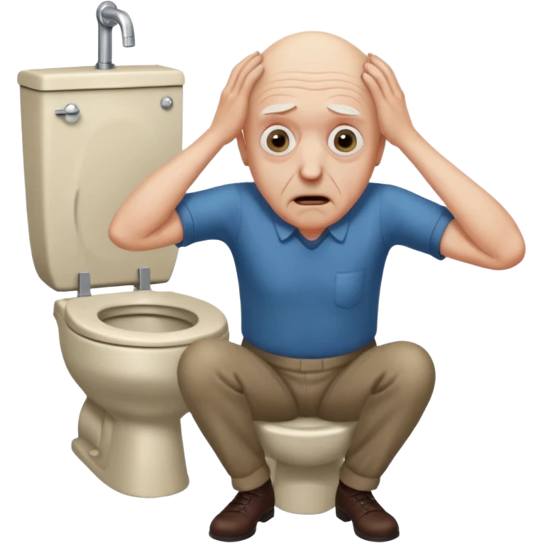 A bald person who’s very old is staring, he’s inside a toilet and his head is upright and looking at the camera with very wide eyes and his hands are putting pressure on his head, very scared expression and he’s shaking his butt emoji