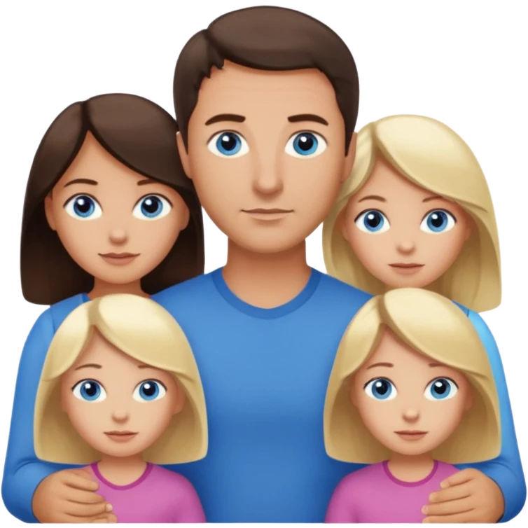 Family portrait with father with dark brown hair and blue eyes, mother with light brown hair and blue eyes, three blonde little girls with blue eyes emoji