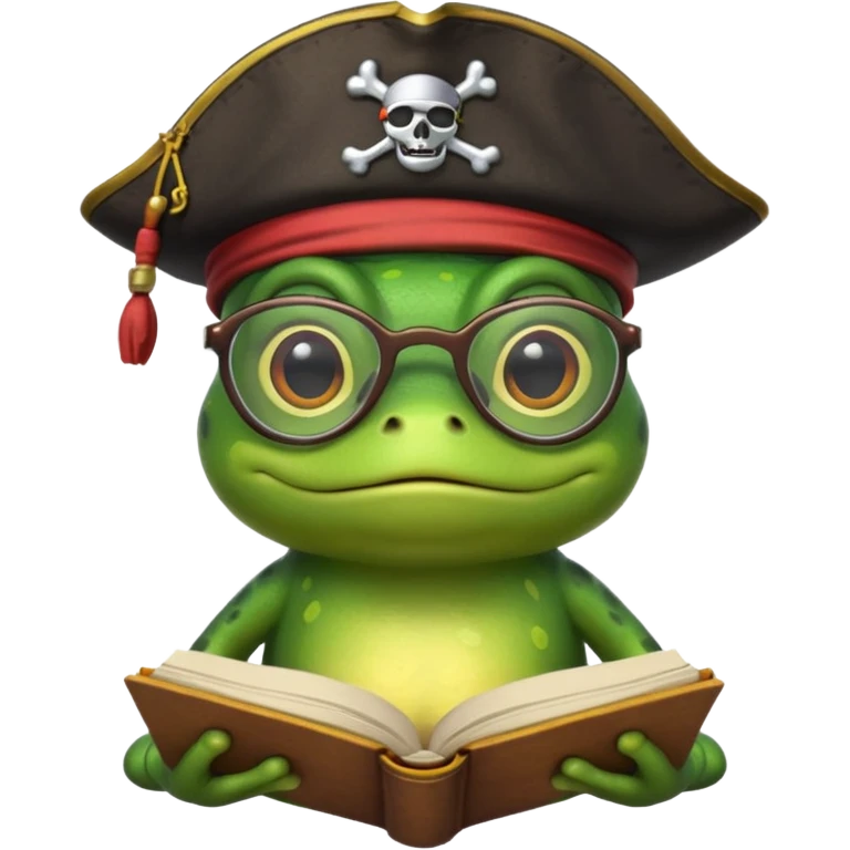frog wearing pirate hat with glasses and yellow book emoji