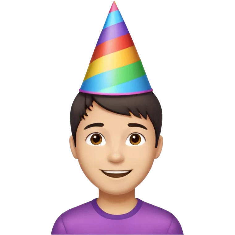 Young man, short hair, rainbow birthday party hat, cheerful expression emoji