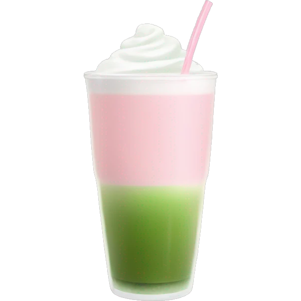 Clear long cup, no handle, with light pink drink, matcha foam emoji