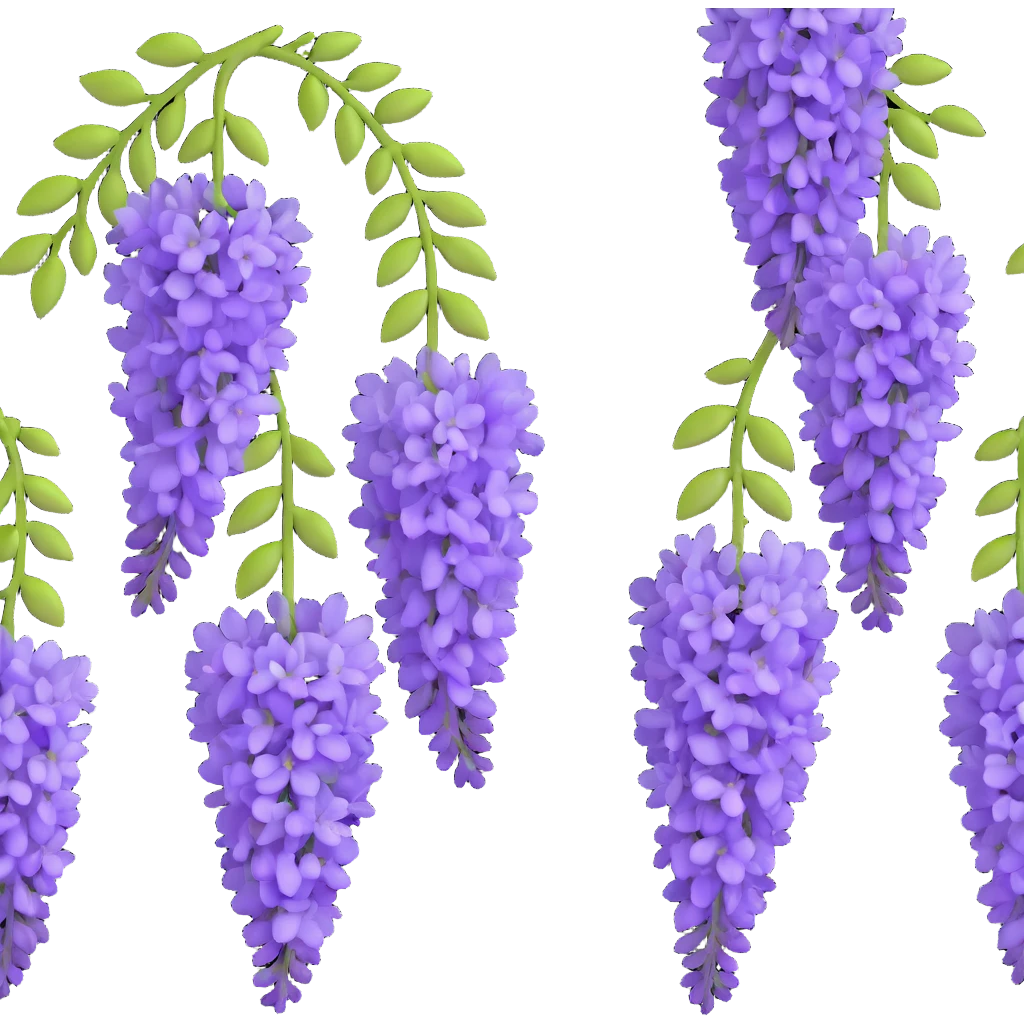 Detailed wisteria blossom with hanging clusters of lavender flowers in pendulous racemes and delicate green foliage emoji