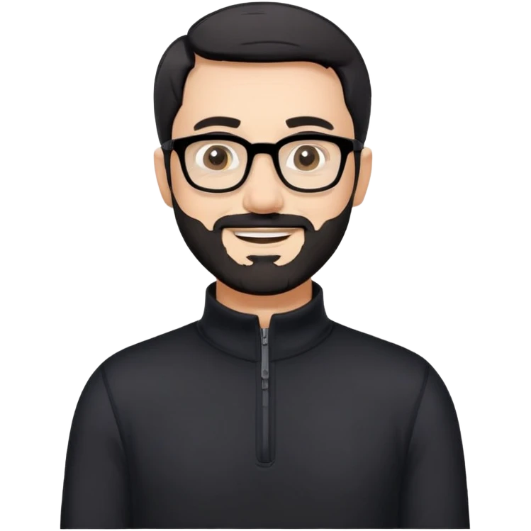 Caucasian man with very short black hair, short graying beard, large black eyeglasses, cheerful expression, black long sleeve shirt with quarter zip at collar emoji