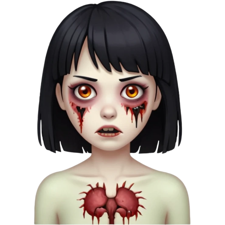 Um zumbi feminino, com cabelo preto e franja, machucados pelo rosto e torso emoji