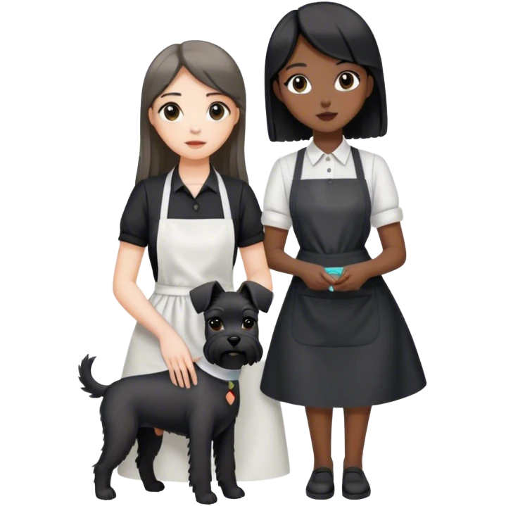 pale girl with long back hair wearing black long shirt wearing apron holding black girl schnauzer emoji