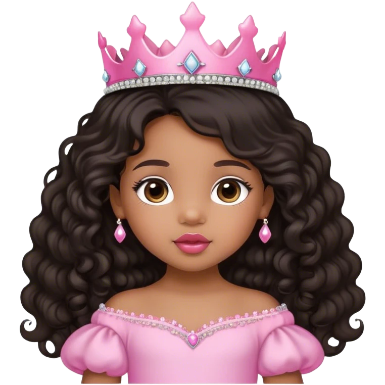 princess, medium brown skin tone, very adorable toddler, with big plump lips, long long lashes, black curly long hair, brown eyes, pink tiara emoji