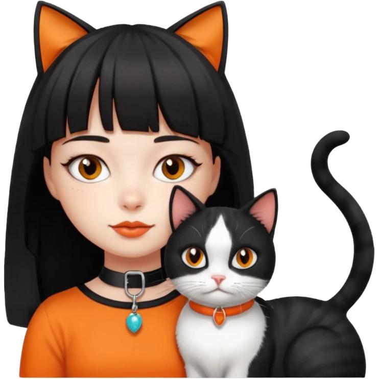 a girl with a short black curtain bangs hair and with her 2 cat color white black cat and orange white cat laying on her neck emoji