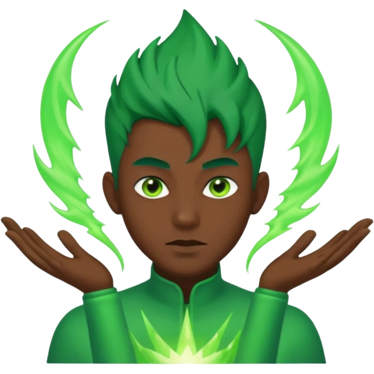 Make an emoji of a 🙎🏽‍♂️with green hair spiking up with a green aura around him emoji