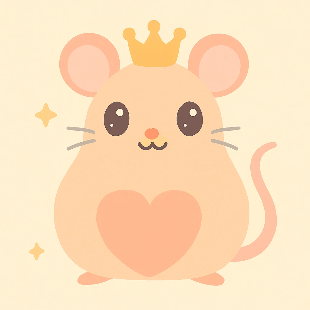 a rat queen with a peach-shaped body, wearing a tiny crown, soft pastel colors, whimsical and cute emoji