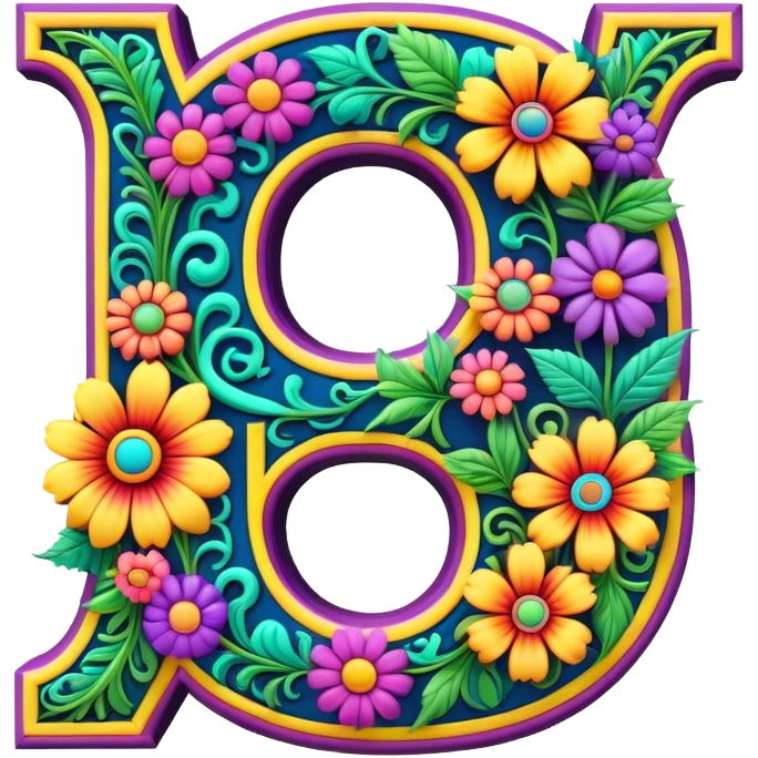 3D, gothic style psychedelic colored capital Letter Q with hippie style flower border emoji