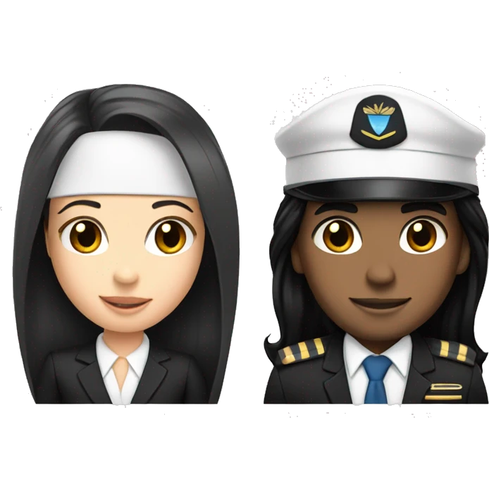 Flight attendant with long black hair and white skin with a pilot man with light skin and black hair emoji