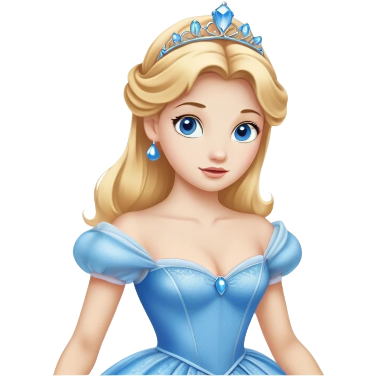Cinematic Realistic Comical Cinderella Portrait, with every detail rendered realistically—from the soft, smooth texture of her fair skin to her artfully styled golden-blonde hair. Her bright blue eyes are wide with playful disbelief, and her expression carries a touch of whimsical humor while retaining elegant poise. Her classic ball gown, detailed with rich fabric textures and natural shadows, catches the light in a way that blends refined beauty with a hint of cheeky mischief, creating a striking, lifelike portrayal. emoji