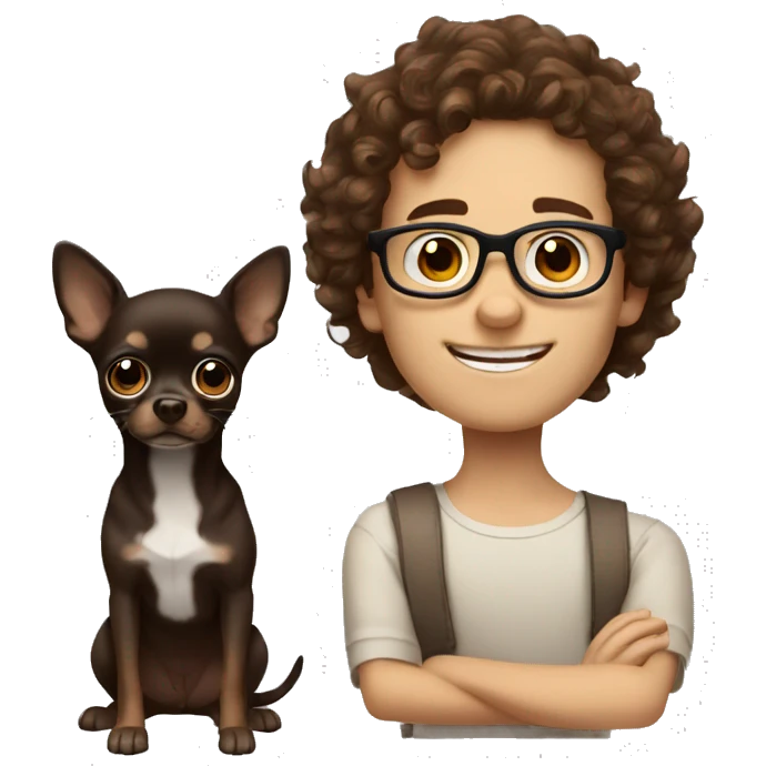 A caucasian boy with brown curls and glasses with his dark brown chihuahua emoji
