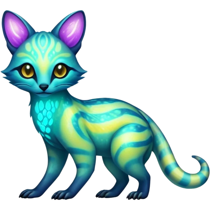Exotic futuristic bioluminescent translucent transparent lush warm-colored neon-glowing iridescent Fakémon-Fionbri-Vernid-Genet-creature emoji