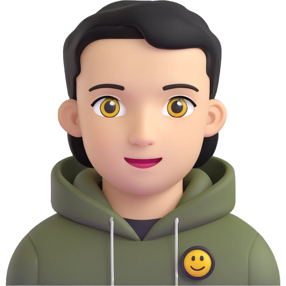 man with black military haircut, brown eyes, wearing 2 circle earrings and a black hoodie with a smiley face emoji
