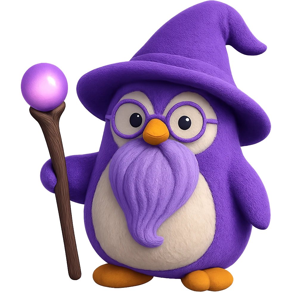 A penguin sorcerer with a flowing wizard beard, small round glasses, and a magical staff. The plush penguin has a soft, huggable appearance. emoji