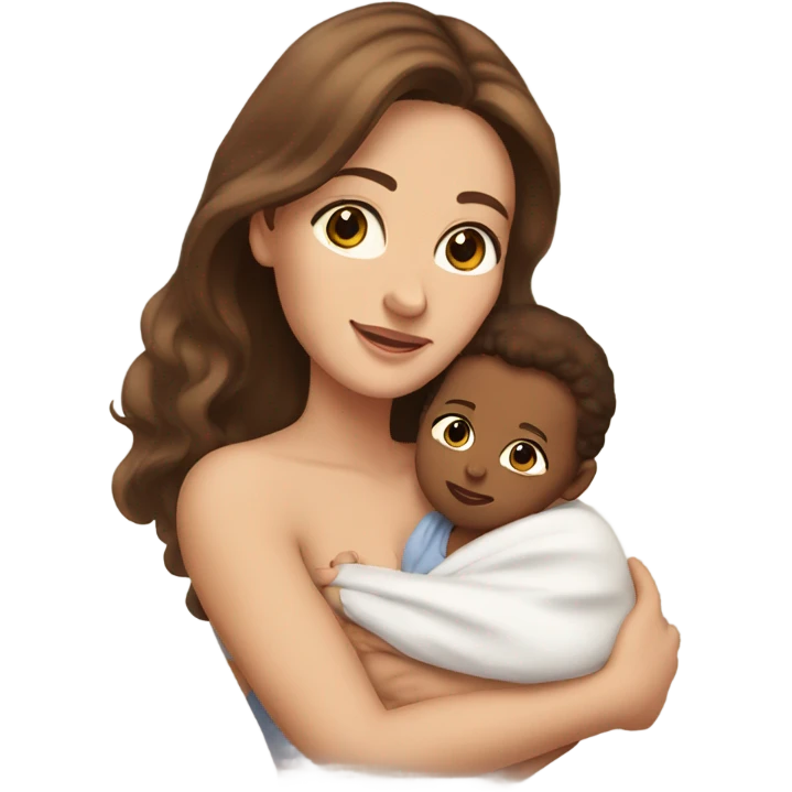 woman with hazel eyes, long eyelashes and long brown hair holding newborn baby in arms emoji