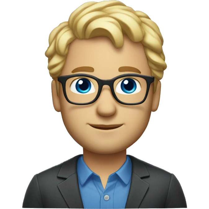 40 year old man, professionally dressed, blonde with very short wavy hair, with an almost invisible beard, blue eyes and glasses emoji