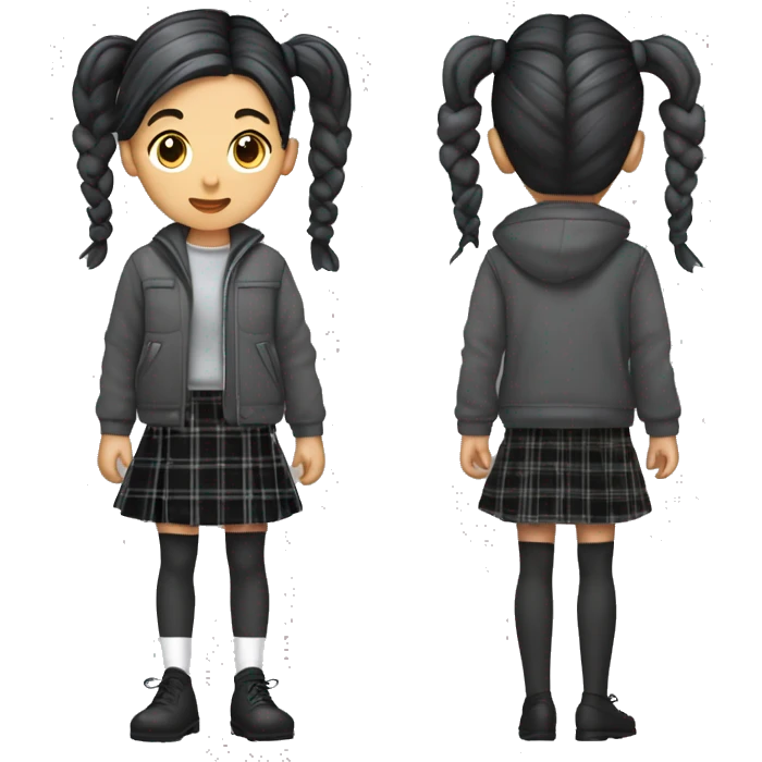 Girl with pigtails with black checkered hair in a charcoal half jacket, gray tartan skirt, gray stockings, white leg warmer and black loafers
 emoji