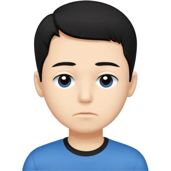 Cute apple emoji-style boy portrait, black hair, blue t-shirt, big black eyes, closed mouth,clean bold lines, flat colors, minimal shading emoji